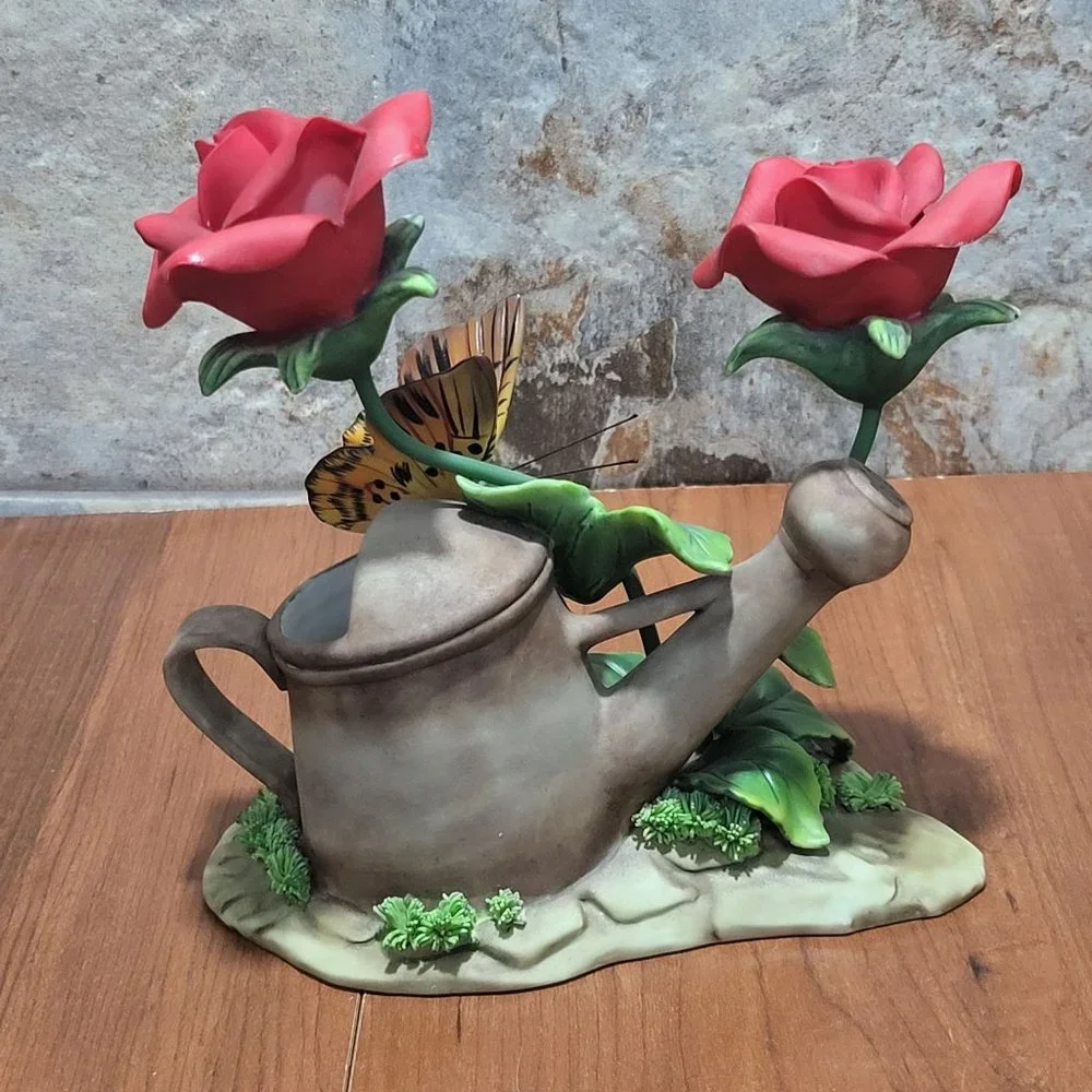 Butterfly and Roses Watering Can Planter Figurine Decor